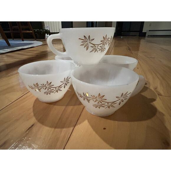 Federal Glass Heat Proof Teacup Coffee 5 Cups/ Saucers Gold Leaf Atomic Vtg  MCM - Picture 11 of 11